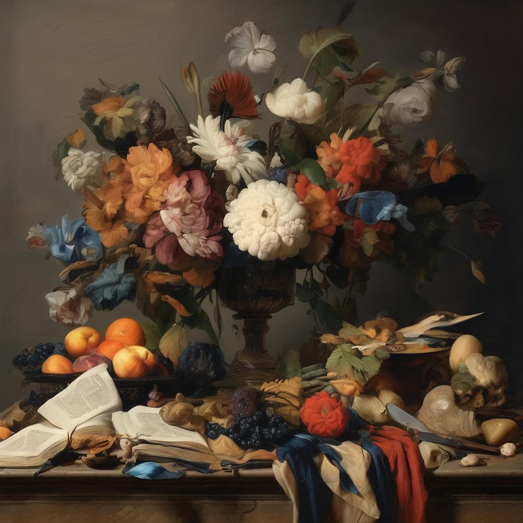 Λουλούδια σε βάζο με φρούτα και βιβλία, με έμφαση στην τέχνη και την προσωπική ιστορία.