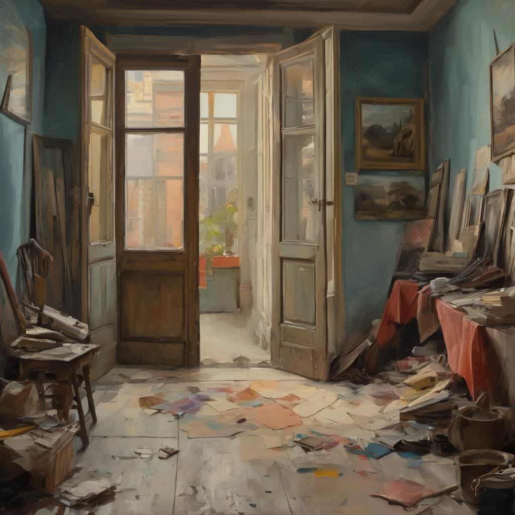 Αντίκα δωμάτιο με ανοιχτές πόρτες και βιβλία, έργα τέχνης και ένα ήρεμο φως, αποτυπώνοντας την τέχνη μέσα από την προσωπική ιστορία.