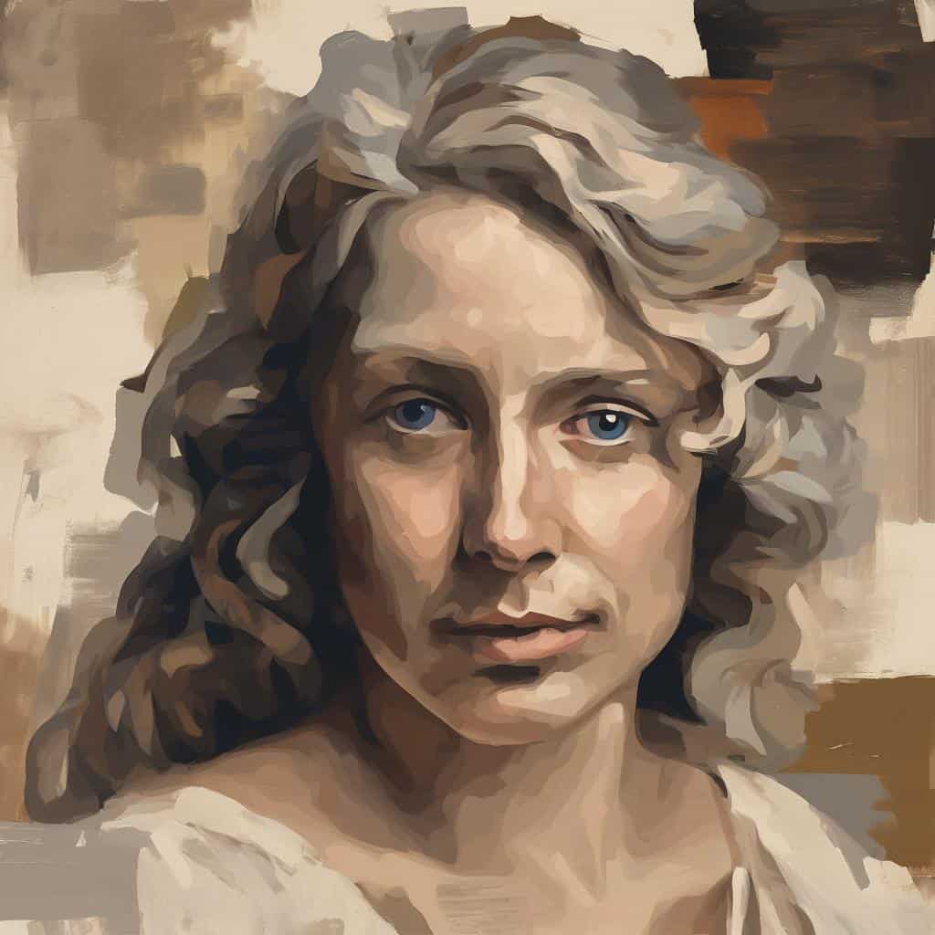 Οπτικό πορτραίτο γυναίκας με έμφαση στην προσωπική ιστορία και την τέχνη, σε ζωγραφικό στυλ.