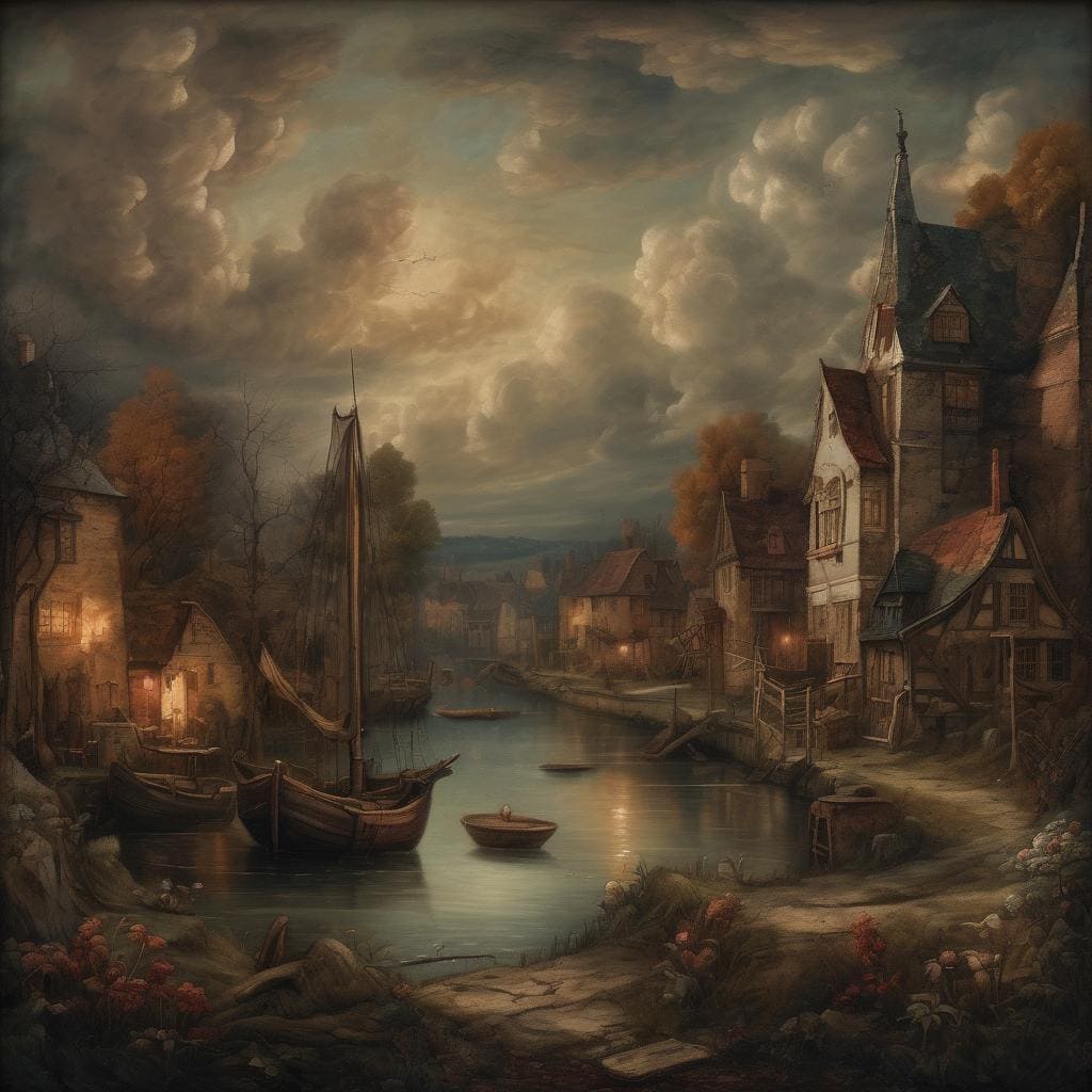 Οδοντωτοί οχήματα στη λίμνη με ατμοσφαιρικό ουρανό, παραδοσιακά σπίτια και μολυβένια νερά, τέχνη από προσωπική ιστορία σε ρομαντικό τοπίο.