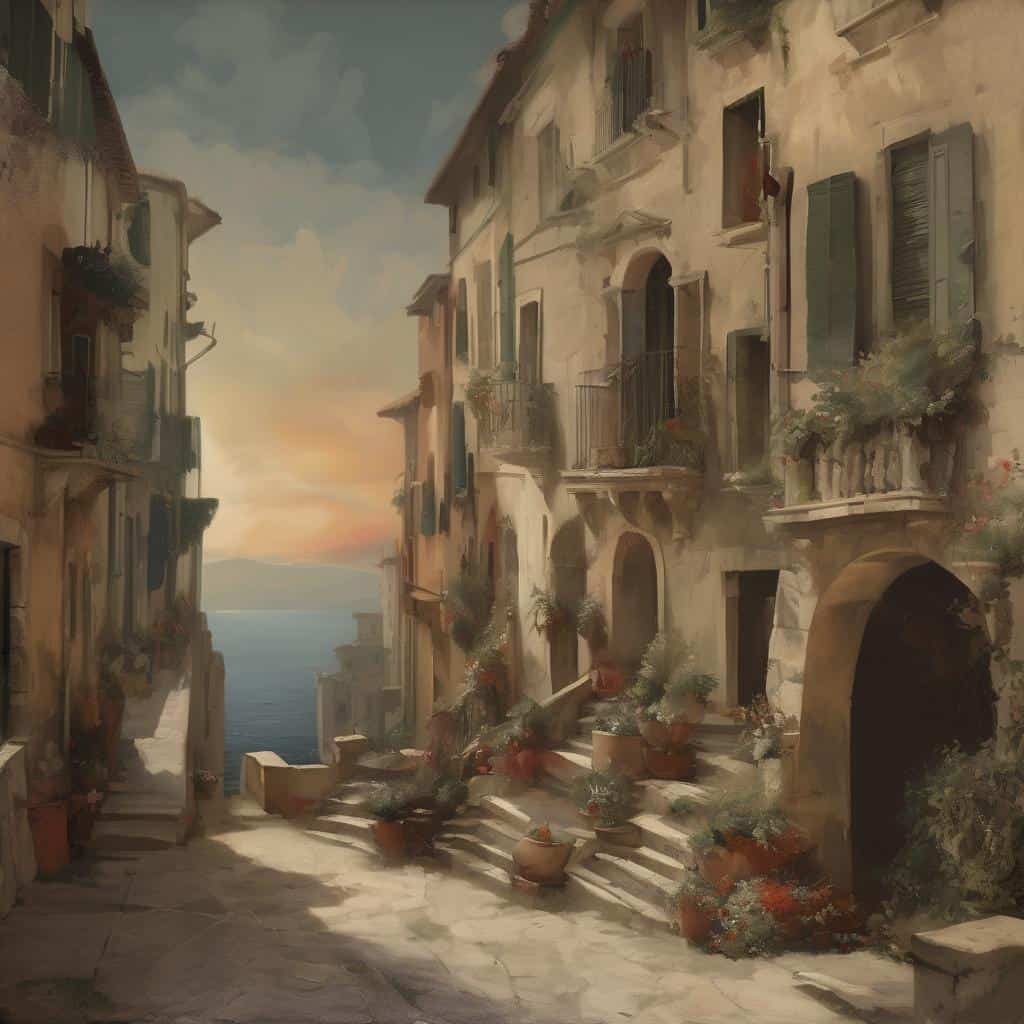 Ουρανογραφία εκκλησίας και παλιά σπίτια σε γραφική ιταλική παραλιακή πόλη, τέχνη και προσωπική ιστορία.