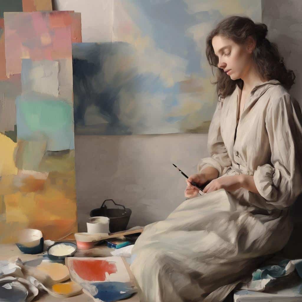 Φωτογραφία νεαρής γυναίκας καλλιτέχνιδος σε στούντιο με έργα τέχνης, διαχέει δημιουργικότητα και προσωπική ιστορία στην τέχνη.